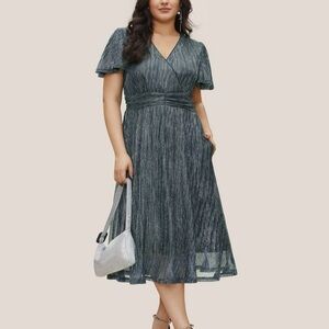 Bloomchic Plus Size Glitter Mesh Surplice Neck Ruffle Sleeve Pocket Midi Dress